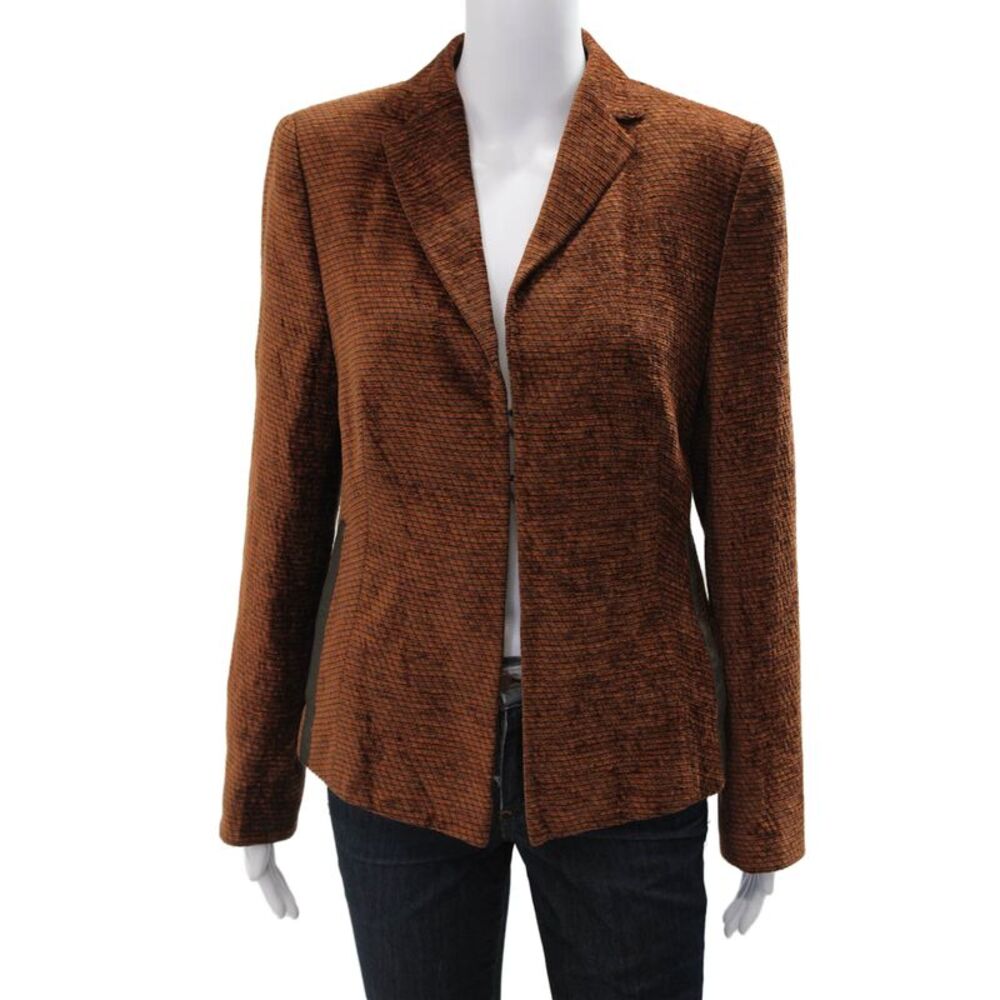 Akris Women Striped Brown Viscose Collared Long Sleeve Blazer Designer Size 12